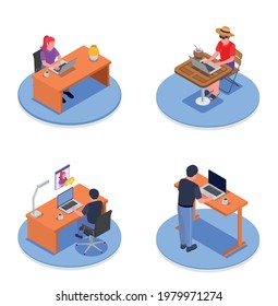 Isometric 2x2 design concept with people having distance work at home and outdoors isolated on white background vector illustration