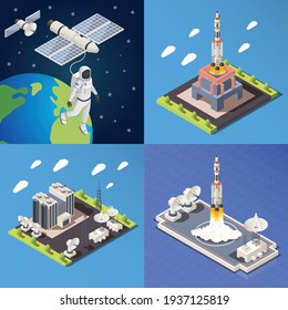 Isometric 2x2 Design Concept With Research Command Center Launching Rocket Astronaut In Outer Space 3d Isolated Vector Illustration