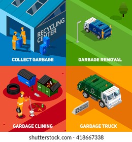 Isometric 2x2  design concept set of collect and removal garbage with trucks and recycling center icons vector illustration 