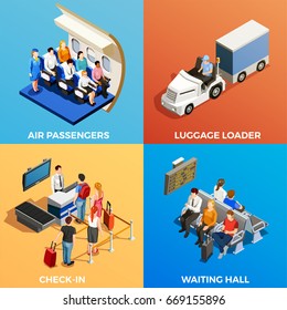 Isometric 2x2 design concept with set of scenes with people at airport and on board 3d isolated vector illustration