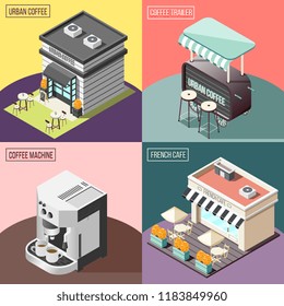 Isometric 2x2 design concept with street cafes trailer and coffee machine on colorful background 3d isolated vector illustration
