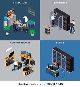 Isometric 2x2 icons set with information technology engineers and computer repair specialists 3d isolated vector illustration