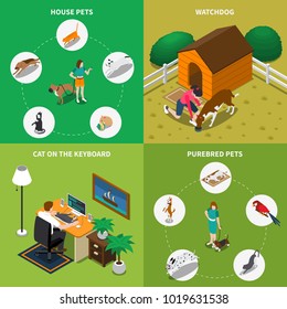 Isometric 2x2 icons set with people and their animals isolated on colorful backgrounds 3d vector illustration
