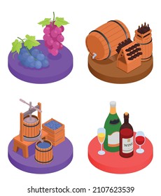 Isometric 2x2 wine production set with wooden barrels shelves crusher bunches of grapes and bottles 3d isolated vector illustration