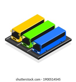 3 autobuses isométricos estacionados. azul amarillo, verde