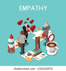 Isometric 3 d soft skills concept with empathy emotions at work among colleagues vector illustration