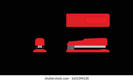 Isometric 3 views of a red basic office stapler.  Front View, Side view and top view in groups on layers for easy isolation, modification and use in composite artwork.