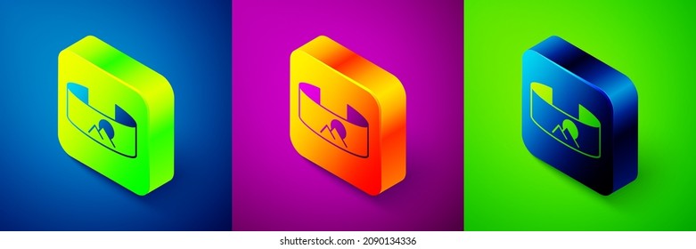 Isometric 360 degree view icon isolated on blue, purple and green background. Virtual reality. Angle 360 degree camera. Panorama photo. Square button. Vector
