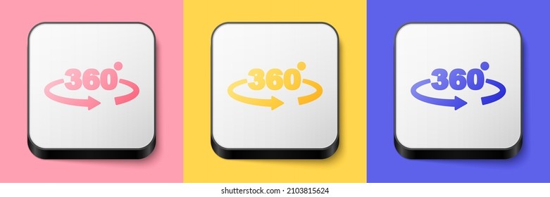 Isometric 360 degree view icon isolated on pink, yellow and blue background. Virtual reality. Angle 360 degree camera. Panorama photo. Square button. Vector