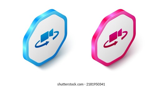 Isometric 360 degree view icon isolated on white background. Virtual reality. Angle 360 degree camera. Panorama photo. Hexagon button. Vector