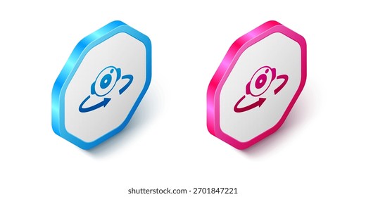 Ícone de vista isométrica de 360 graus isolado no fundo branco. Realidade virtual. Câmera de ângulo de 360 graus. Foto panorâmica. Botão hexágono. Vetor