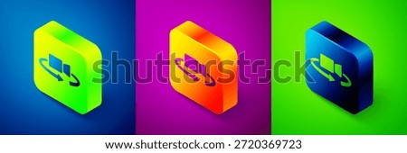 Isometric 360 degree view icon isolated on blue, purple and green background. Virtual reality. Angle 360 degree camera. Panorama photo. Square button. Vector