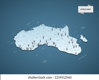 Isometric 3D Africa map,  vector illustration with cities, borders, capital, administrative divisions and pointer marks; gradient blue background.  Concept for infographic.