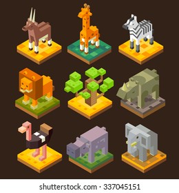 Isometric 3d african animal set: antelope, giraffe, zebra, lion, baobab, rhinoceros, ostrich, hippopotamus, elephant. Flat isometric vector stock set. 