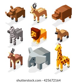 Isometric 3d african savannah animals flat vector stock. Mammal african elephant and hyena animal savannah. Creature wildlife deer animal in savannah area illustration