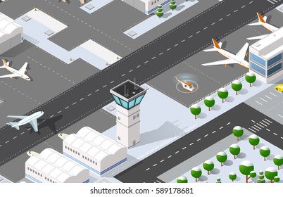 Ilustração dimensional do aeroporto 3D isométrica com jet avião estacionamento salão de espera hotel. Airlines de pista de aeronaves, transporte terminal