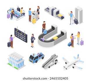 Pasajeros isométricos del aeropuerto en 3d. Tableros de salida o llegada, cinta de equipaje y equipo profesional. Check in stand, avión y maleta, conjunto de Vector impecable