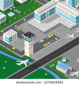 Isometric 3D airstrip of the city international airport terminal and transportation airplane runway