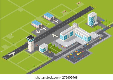 Isometric 3D Airstrip Of The City International Airport Terminal And The Plane Transportation And Airplane Runway,  Aircraft Jet. Urban Transport And Building Construction. Roads, Trees, And Paths.
