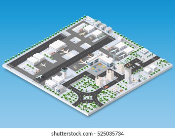 Isometric 3D airstrip of the city international airport terminal and the plane transportation and airplane runway, aircraft jet. Urban transport and building construction. Roads, trees and paths.