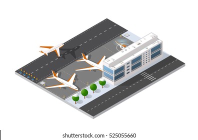 Isometric 3D airstrip of the city international airport terminal and the plane transportation and airplane runway, aircraft jet. Urban transport and building construction. Roads, trees and paths.