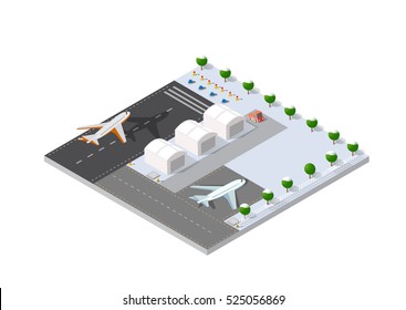 Isometric 3D airstrip of the city international airport terminal and the plane transportation and airplane runway, aircraft jet. Urban transport and building construction. Roads, trees and paths.