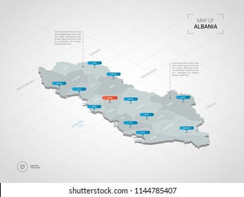 Isometric  3D Albania map. Stylized vector map illustration with cities, borders, capital Tirana , administrative divisions and pointer marks; gradient background with grid. 
