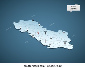 Isometric 3D Albania map,  vector illustration with cities, borders, capital, administrative divisions and pointer marks; gradient blue background.  Concept for infographic.