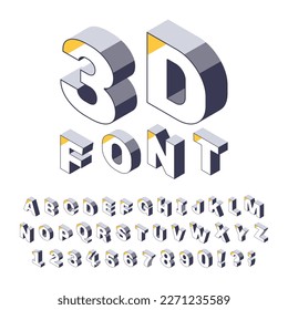 Isometric 3d alphabet. Three dimensional simple font with letters and numbers, cubic abc alphabet vector illustration set