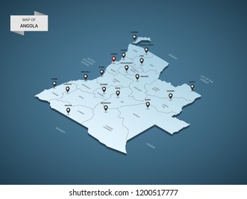 Isometric 3D Angola map,  vector illustration with cities, borders, capital, administrative divisions and pointer marks; gradient blue background.  Concept for infographic.