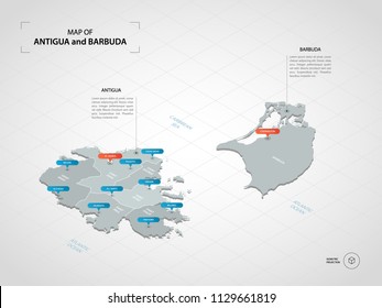 Isometric  3D Antigua and Barbuda
 map. Stylized vector map illustration with cities, borders, capital St. John's , administrative divisions and pointer marks; gradient background with grid. 