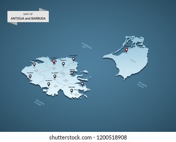 Isometric 3D Antigua and Barbuda map,  vector illustration with cities, borders, capital, administrative divisions and pointer marks; gradient blue background.  Concept for infographic.