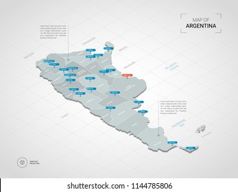 Isometric  3D Argentina map. Stylized vector map illustration with cities, borders, capital Buenos Aires , administrative divisions and pointer marks; gradient background with grid. 
