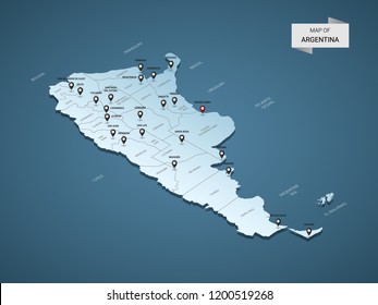 Isometric 3D Argentina map,  vector illustration with cities, borders, capital, administrative divisions and pointer marks; gradient blue background.  Concept for infographic.