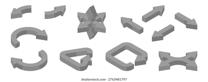 Isometric 3D arrows in different directions. Vector isolated set of circular and straight, triangular and detour pointers. Movement, direction and navigation. Infographic design and game graphics
