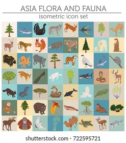 Isometric 3d Asian flora and fauna map constructor elements. Animals, birds and sea life isolated on white big set. Build your own geography infographics collection. Vector illustration