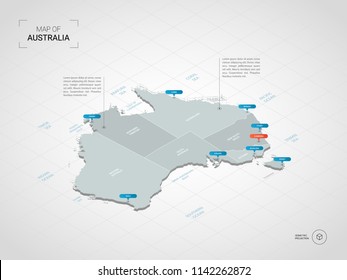 Isometric  3D Australia map. Stylized vector map illustration with cities, borders, capital Canberra , administrative divisions and pointer marks; gradient background with grid. 
