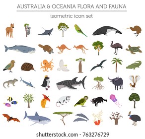 Isometric 3d Australia and Oceania flora and fauna. Animals, birds and sea life. Build your own geography infographics collection. Vector illustration