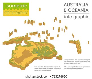 Isometric 3d Australia and Oceania physical map elements. Build your own geography info graphic collection. Vector illustration