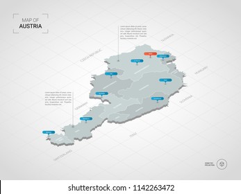 Isometric  3D Austria map. Stylized vector map illustration with cities, borders, capital Vienna , administrative divisions and pointer marks; gradient background with grid. 
