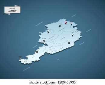 Isometric 3D Austria map vector map illustration with cities, borders, capital, administrative divisions and pointer marks; gradient blue background.  Concept for infographic.
