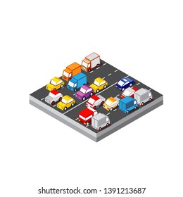 Isometric 3d automobile module block district part of the city with a street road cars from the urban infrastructure of vector architecture. Modern white illustration for game design 