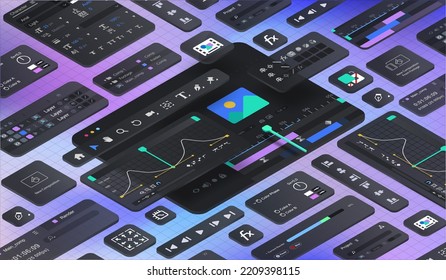 Fondo 3d isométrico en forma de ventanas de software para un diseñador de movimiento. Variedad de interfaces gráficas