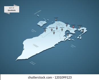 Isometric 3D Bahrain map,  vector illustration with cities, borders, capital, administrative divisions and pointer marks; gradient blue background.  Concept for infographic.