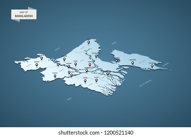Isometric 3D Bangladesh map,  vector illustration with cities, borders, capital, administrative divisions and pointer marks; gradient blue background.  Concept for infographic.