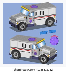 Isometric 3D bank trucks for transporting currency and jewelry with the inscription money does not smell. In two projections Part two EPS10