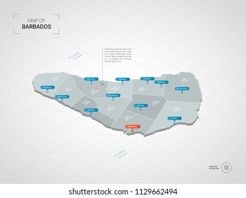 Isometric  3D Barbados map. Stylized vector map illustration with cities, borders, capital Bridgetown , administrative divisions and pointer marks; gradient background with grid. 