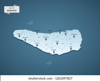 Isometric 3D Barbados map,  vector illustration with cities, borders, capital, administrative divisions and pointer marks; gradient blue background.  Concept for infographic.