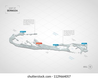 Isometric  3D Bermuda map. Stylized vector map illustration with cities, borders, capital Hamilton , administrative divisions and pointer marks; gradient background with grid. 