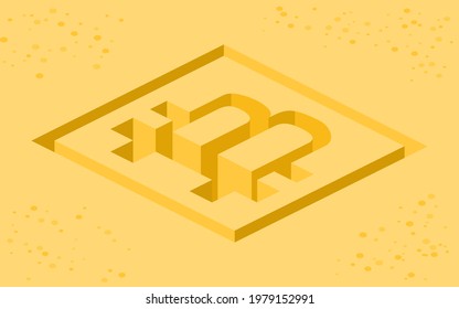isometric 3D bitcoin logo, hole of Bitcoin emblem in sand square hole on beach background, three-dimensional logo vector illustration design.